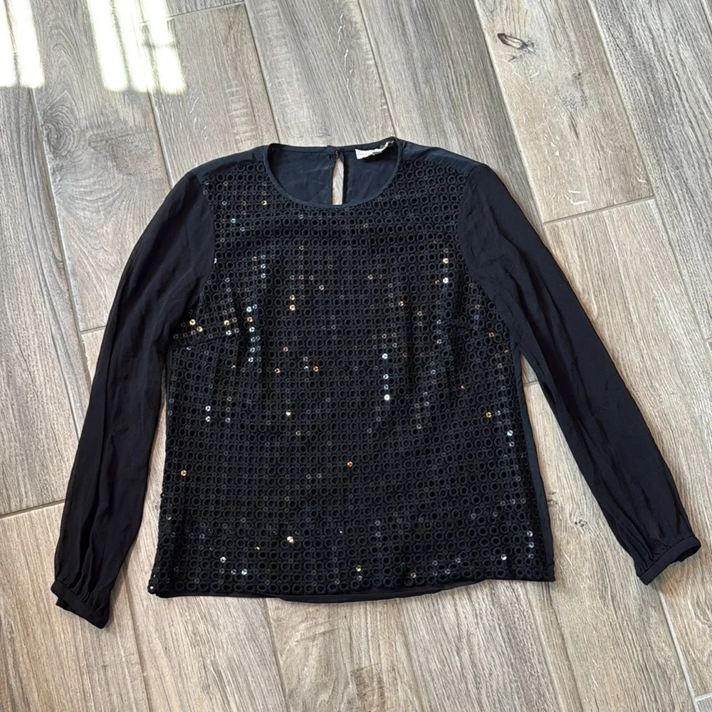 Tory Burch Woman's Long Sleeve Sequin‎ Top Sheer Sleeves Black Size 4
